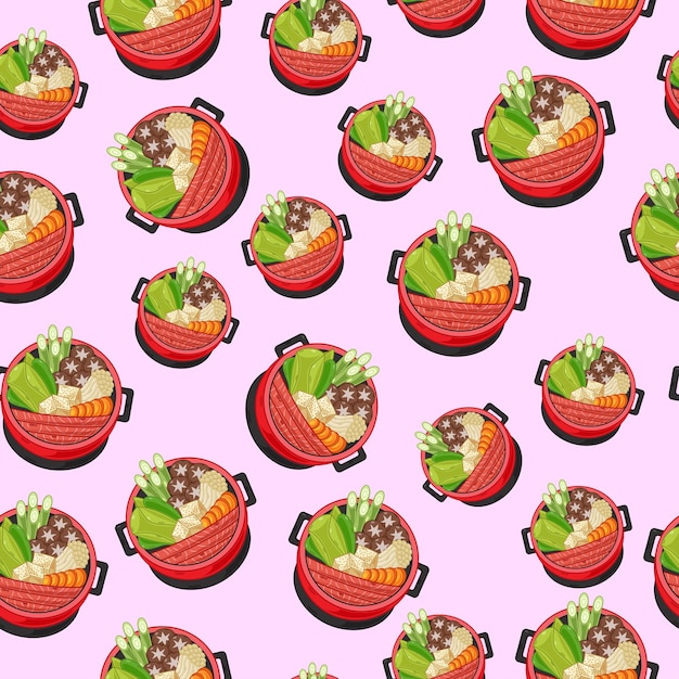 Vettore cartoon sukiyaki cibo giapponese modello senza cuciture su sfondo colorato