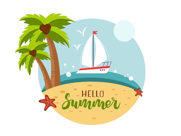 Вектор Мультяшный летний пляжный фон с парусником, морскими звездами и пальмами привет, лето