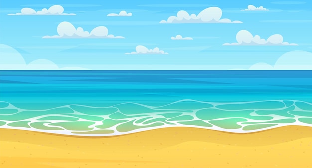 Cartoon summer beach. Paradise nature vacation, ocean or sea seashore.