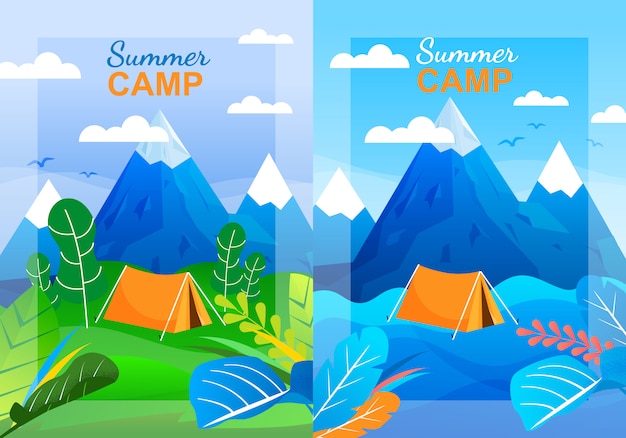 Cartoon Summer Camp Vertical Banner Template Set