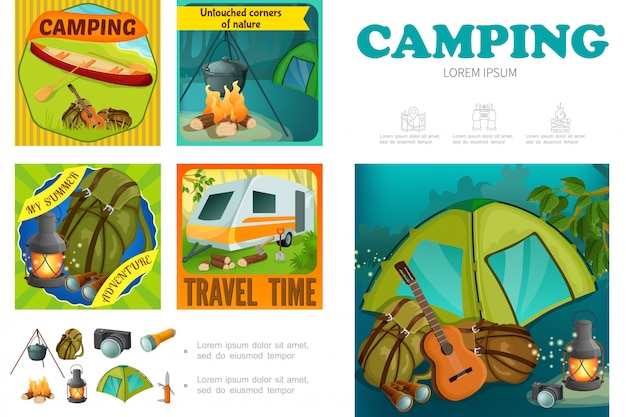 Cartoon summer camping template with camper trailer canoe backpack lantern camera flashlight tent knife campfire guitar