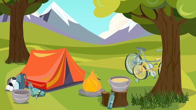 Cartoon Summer Camping Tent Wood Mountain Valley