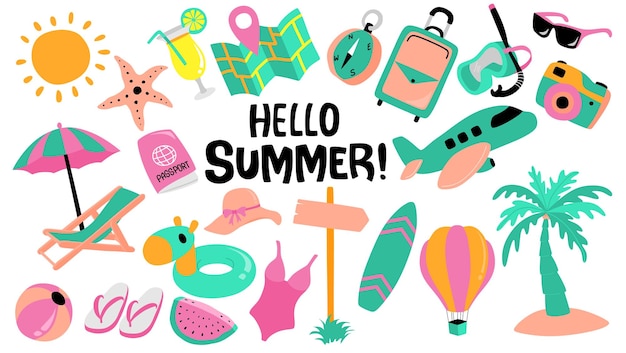 Vector cartoon summer elements set isolated on white background