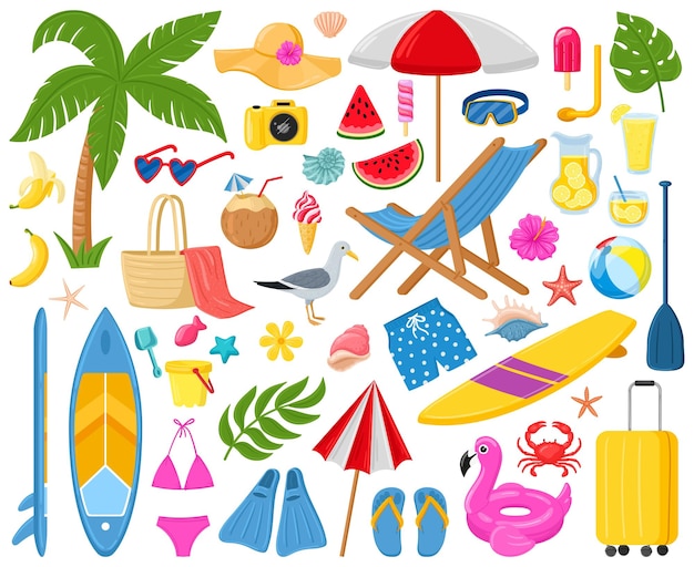 Vector cartoon summer elements travel beach summertime accessory cocktails ice cream and exotic fruits vector illustration set palm and serfing board umbrella and sunglasses