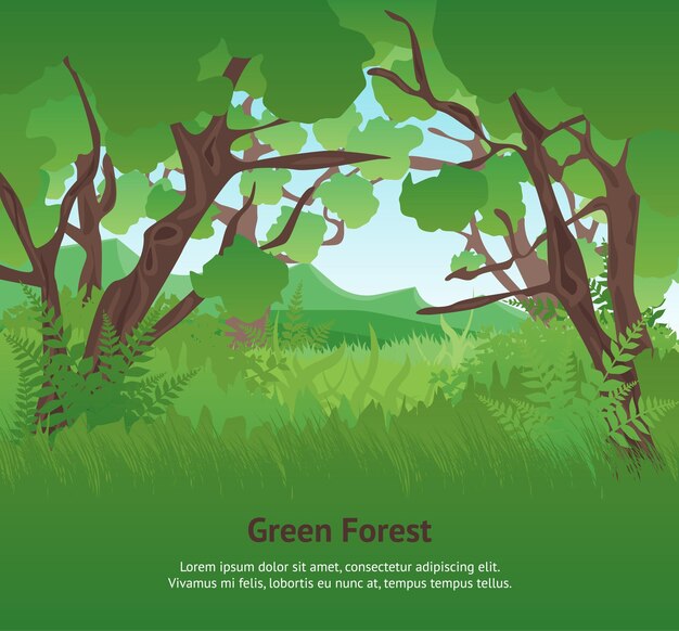 Cartone animato estate verde paesaggio forestale carta di sfondo poster vettore