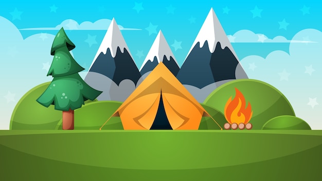 Cartoon summer landscape. Tent, fire, mountain illustration.