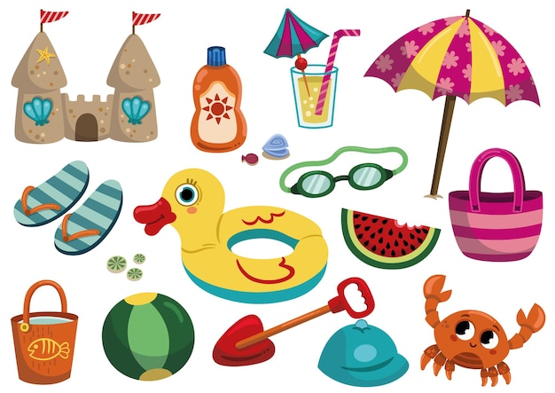 Cartoon oggetti estivi isolati su sfondo bianco illustrazione vettoriale di un set di oggetti da spiaggia
