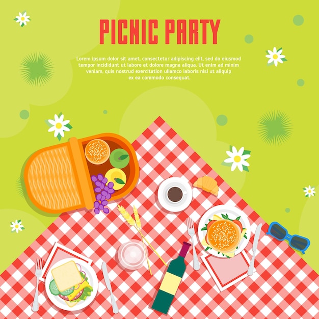 Vector cartoon summer picnic in park basket. place for your text top view. flat