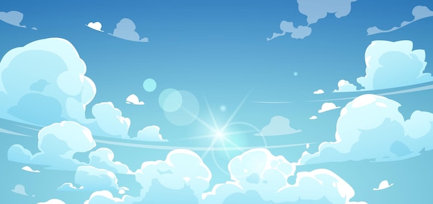 Cartone animato cielo estivo paesaggio di una luminosa giornata di sole con nuvole cumulus bianche galleggianti paesaggio all'aperto con sfondo cielo blu illustrazione vettoriale