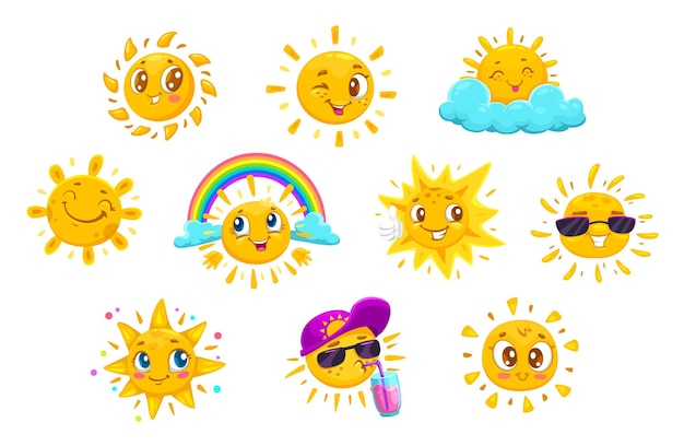 Cartoon summer and weather sun characters faces