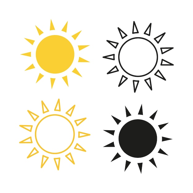 Иконки мультяшного солнца Сияющие лучи света для обогрева лета Векторная иллюстрация стоковое изображение