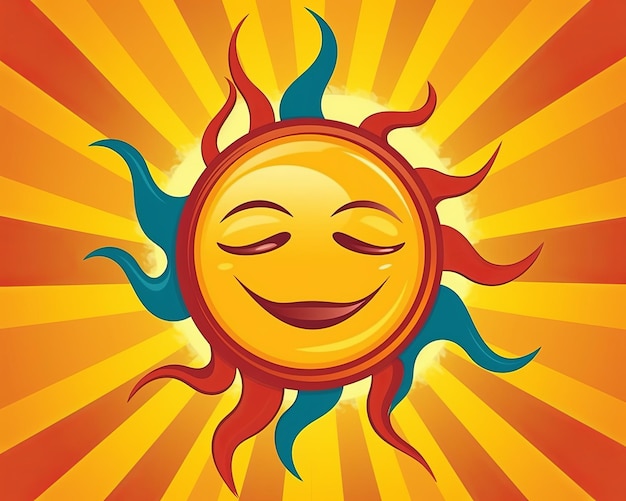 A cartoon sun with a smiling face on an orange and yellow background