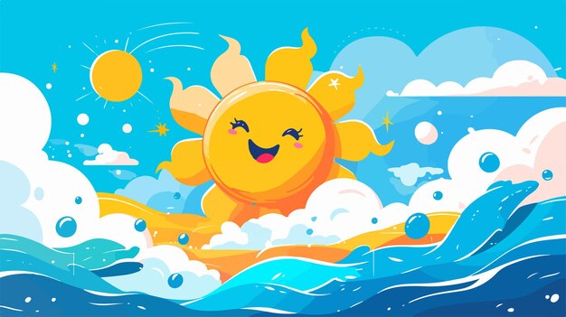 Vector a cartoon sun with a sun on it and the sun on the water