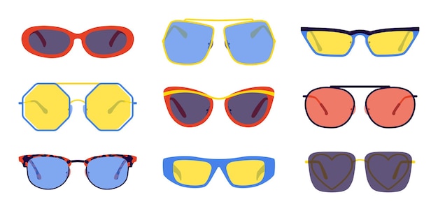 Cartoon sunglasses. trendy retro glasses collection, fashion summer color accessory, hipster fashionable eyeglasses. vector isolated collection