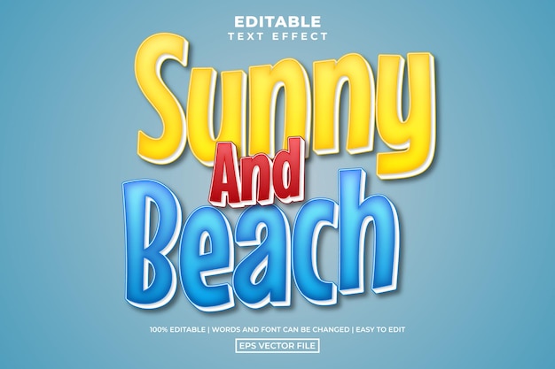 Cartoon sunny and beach text style, editable text effect vector