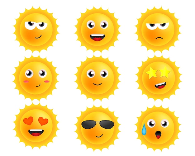감정과 만화 태양입니다. 얼굴이 있는 벡터 스티커 세트입니다. 귀여운 캐릭터