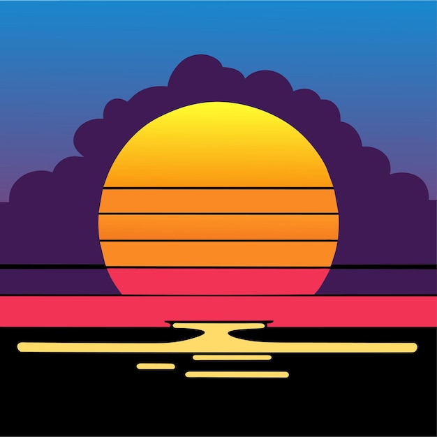 Vector cartoon sunset or sunrise gradient sky with clouds and sun
