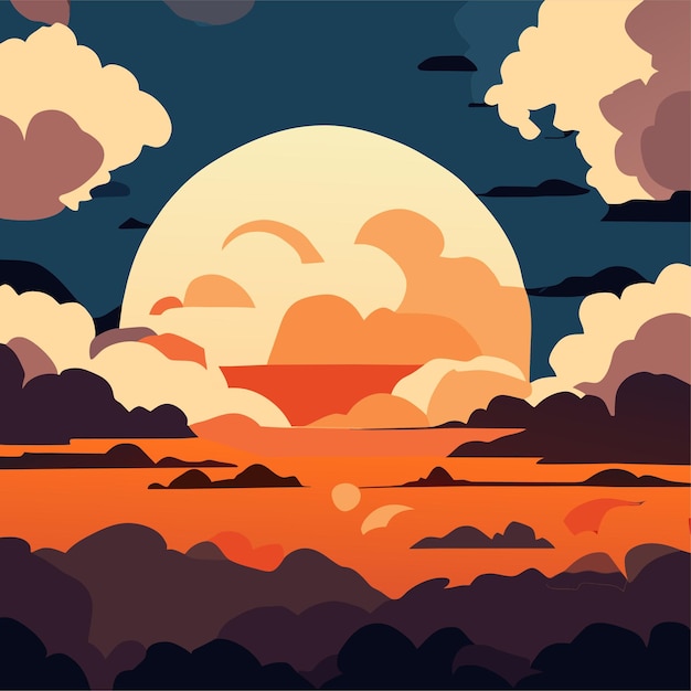 Vector cartoon sunset or sunrise gradient sky with clouds and sun