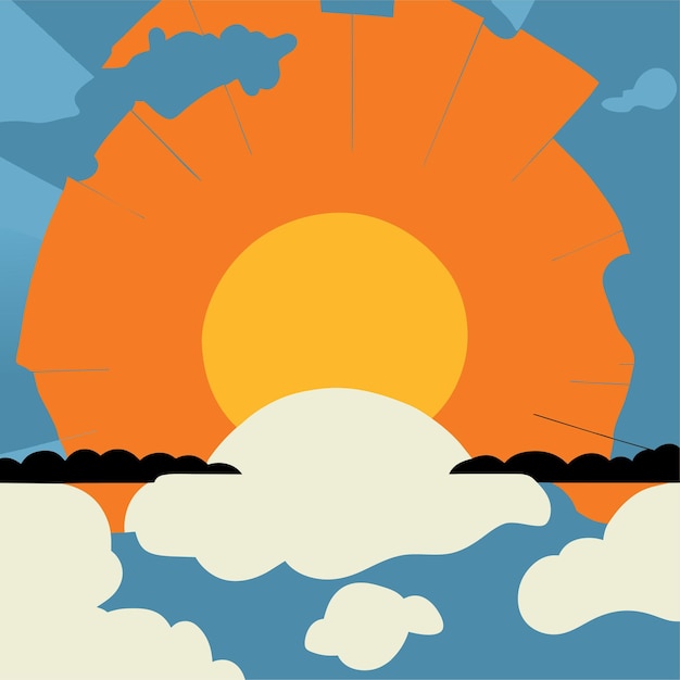 Vector cartoon sunset or sunrise gradient sky with clouds and sun