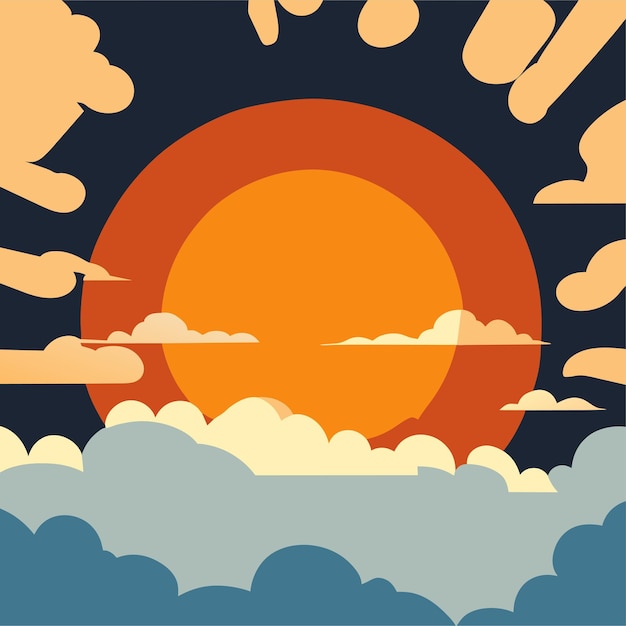 Vector cartoon sunset or sunrise gradient sky with clouds and sun