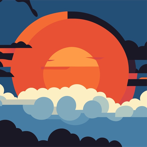 Cartoon sunset or sunrise gradient sky with clouds and sun