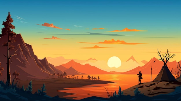 Vector a cartoon of a sunset with mountains and mountains