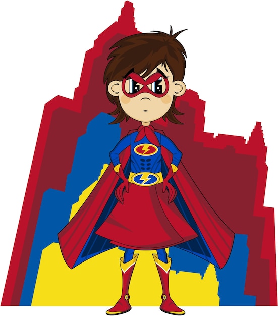 A cartoon of a superhero girl wearing a cape and a blue and yellow cape.