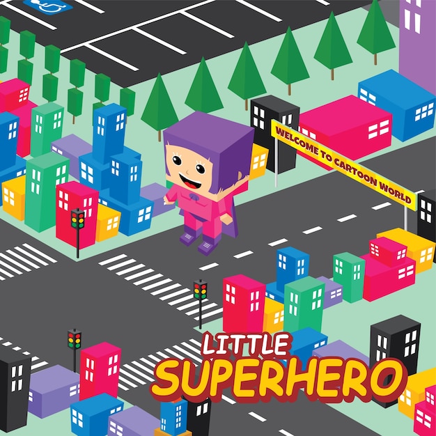 Cartoon superhero isometric theme