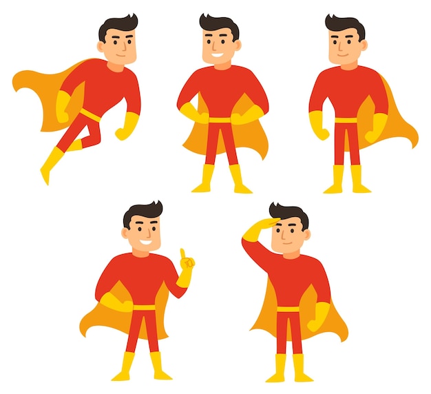 漫画のスーパー ヒーローは、さまざまなポーズでマントと赤い衣装を着た男を設定