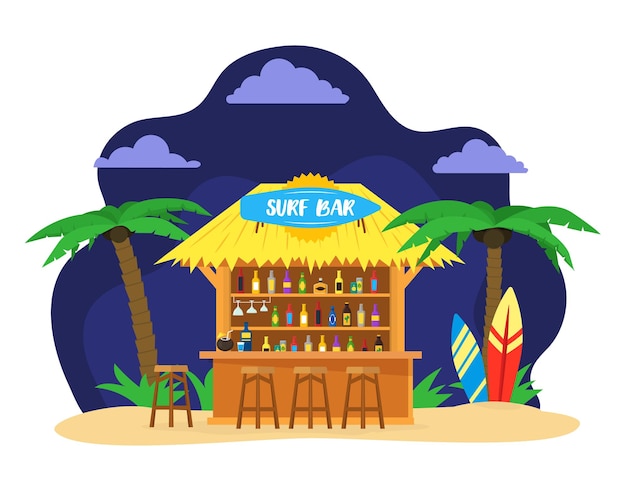 Cartoon Surf Beach Bar Zomervakantie Reizen Concept Vector