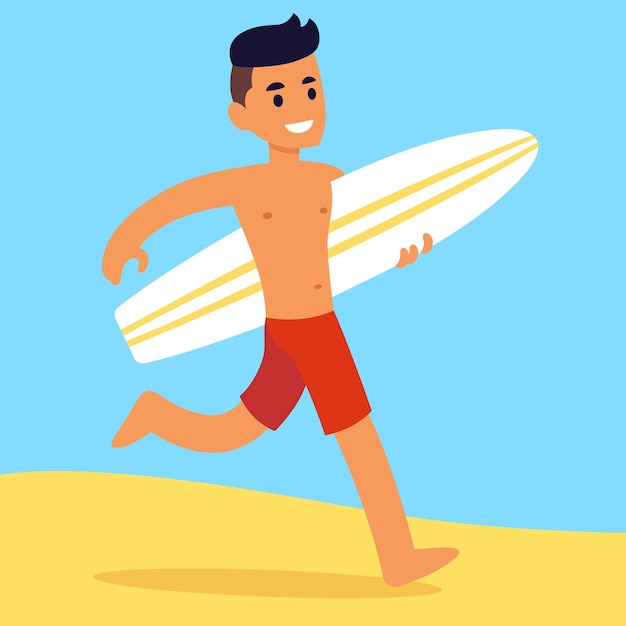 Vector cartoon surfer man character running with surfboard