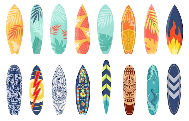 Vector cartoon surfplank met zomer ontwerp en etnische patroon surfplank met tropische blad print vlam en bliksem surfplanken vector set sport vrijetijdsbesteding vakantie uitrusting