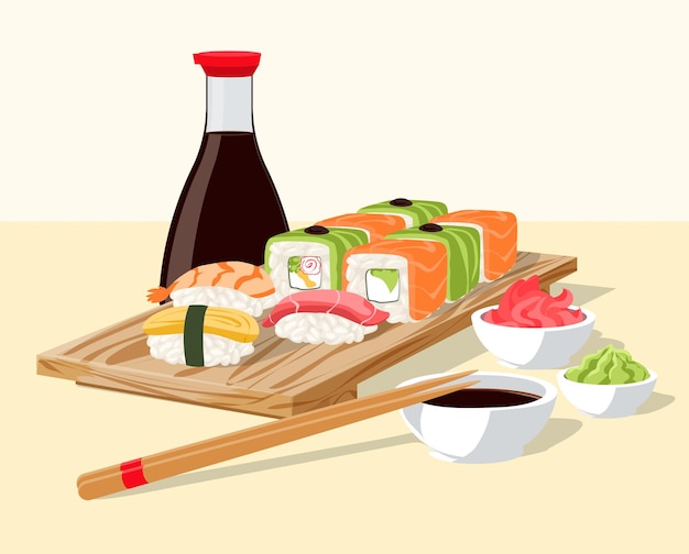 漫画の寿司と刺身サーモンとご飯のアジア料理日本料理のコンセプト木の皿と箸わさびと生姜の魚巻きベクトル東洋料理イラスト