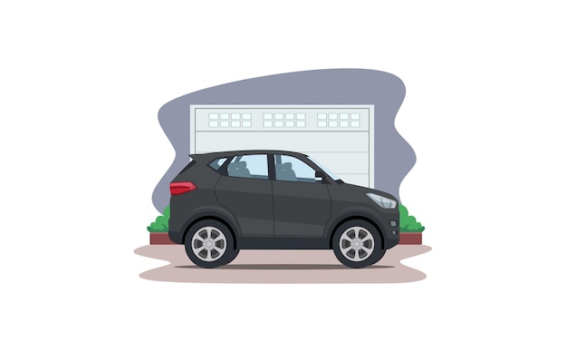 Cartoon suv car in front of garage vector illustration