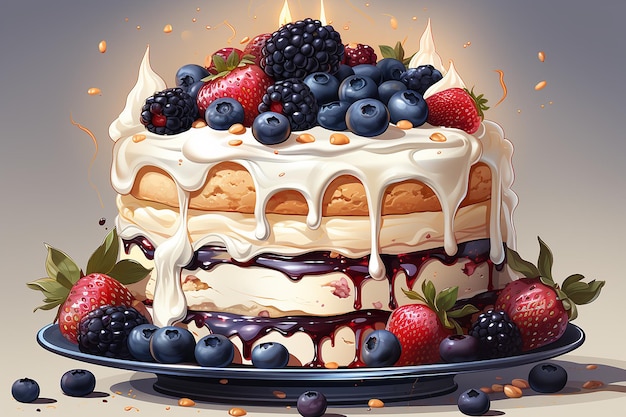 Вектор Картинный сладкий торт на день рождения с шоколадным покрытием и клубникой акварель иллюстрация на белом