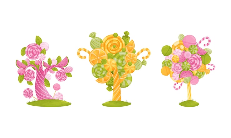Vector cartoon sweet candy trees as fantasy nature vector set