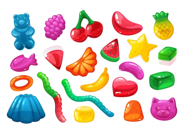 Vector cartoon sweet jelly delicious gummy desserts jelly candy in different shapes colorful sweets vector illustration set of delicious candy gummy collection