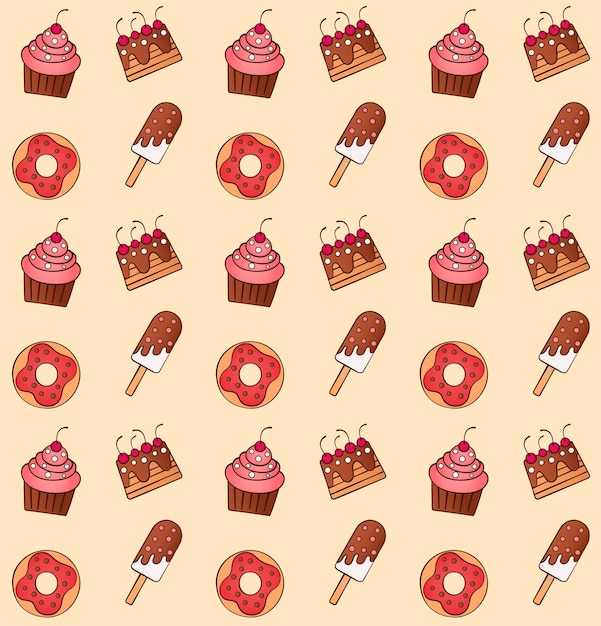 Cartoon sweets seamless pattern ice cream donuts cakes cupcakes Sweets collection set Food patterns