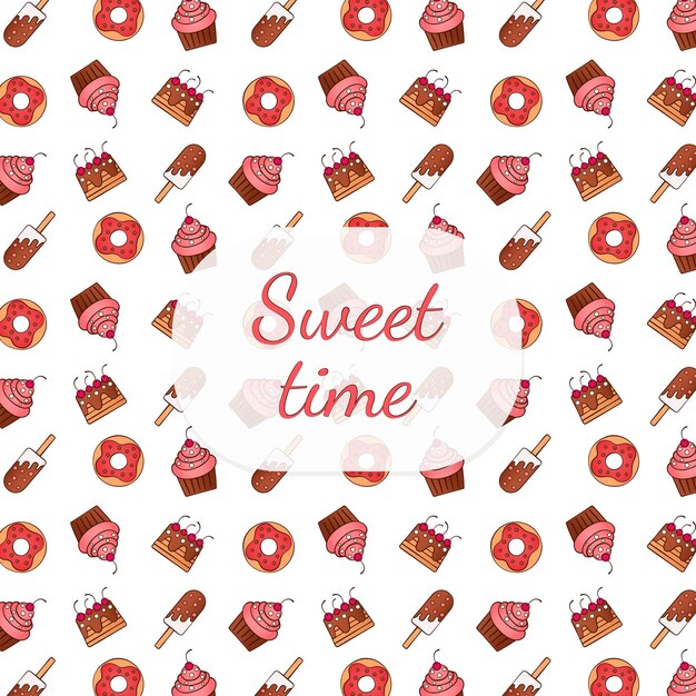 Vector cartoon sweets seamless pattern ice cream donuts cakes cupcakes sweets collection set food patterns