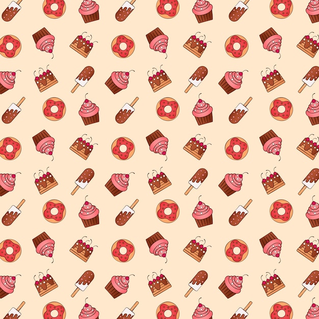 Cartoon sweets seamless pattern ice cream donuts cakes cupcakes sweets collection set food patterns