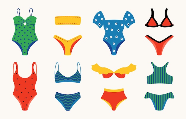 Costume da bagno del fumetto. elementi di doodle di biancheria intima e bikini, reggiseno di bellezza da spiaggia, elegante collezione di abbigliamento disegnata a mano. insieme di vettore