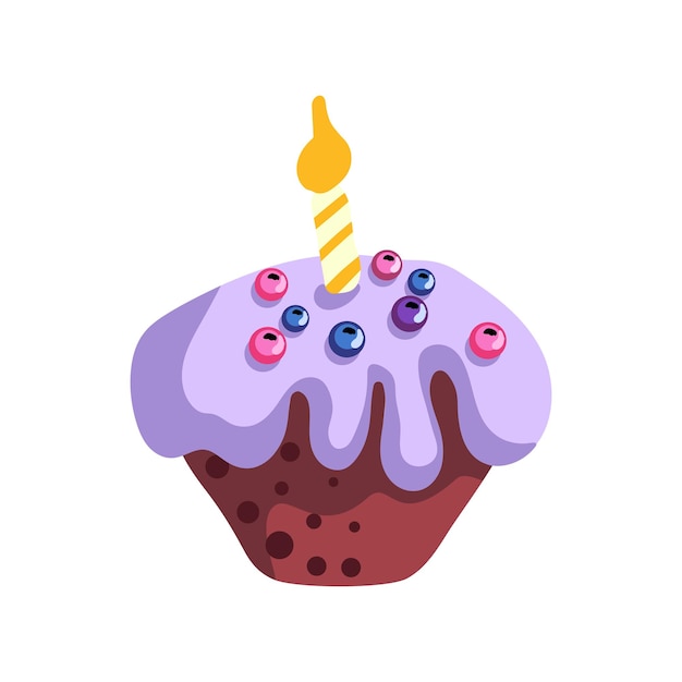 Cartoon taart met bessen crème en kaars voor eerste verjaardag voor kaart uitnodiging en banner plat
