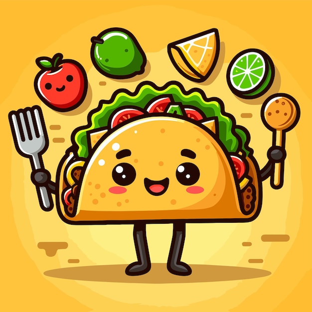 Vector a cartoon taco is holding a fork and knife and a bowl of food
