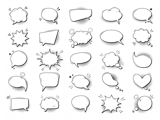 Cartoon talk bubble in comic style. Comic book graphic art speech clouds, thinking bubbles and conversation text elements  illustration set. Collection of blank dialogue balloons