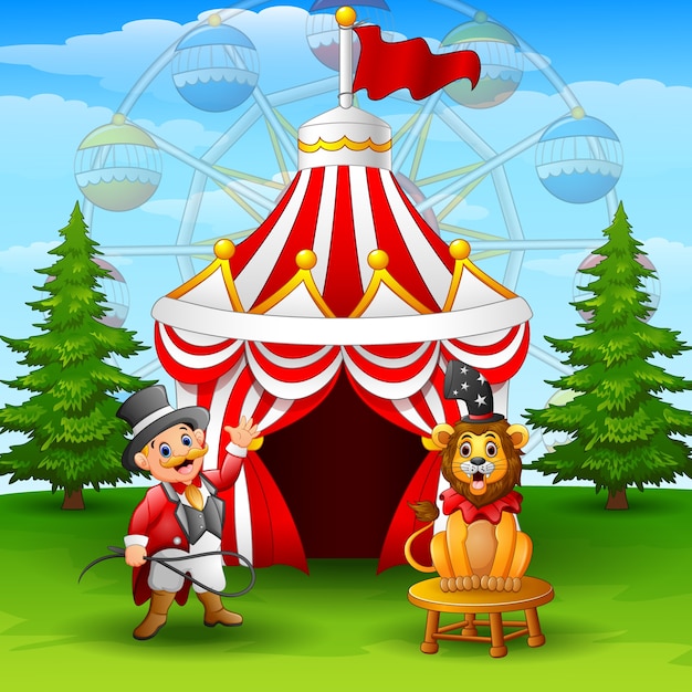 Vector cartoon tamer and lion on the circus tent background