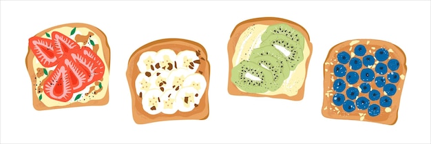 Vector cartoon tasty breakfast toasts healthy food berries fruits cream cheese chocolate top view