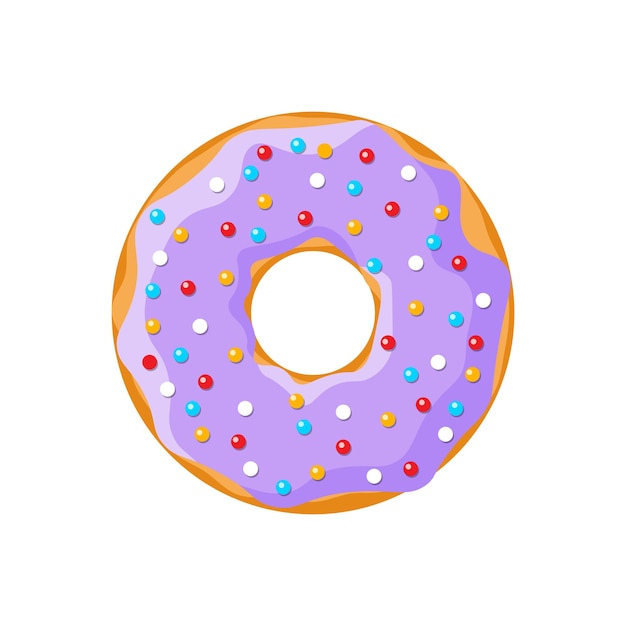 白い背景で隔離の漫画のおいしいドーナツ。ケーキカフェの装飾やメニューデザインのための紫色の艶をかけられたドーナツの上面図。ベクトルフラットepsイラスト
