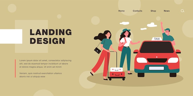 Vector cartoon taxi driver greeting female passengers. women with luggage getting into cab flat vector illustration. taxi service, traveling, transportation concept for banner, website design or landing page