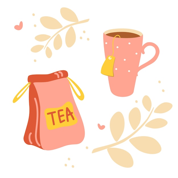 Cartoon tea cups and kettle Tea time Postcard design banner Isolated kettle