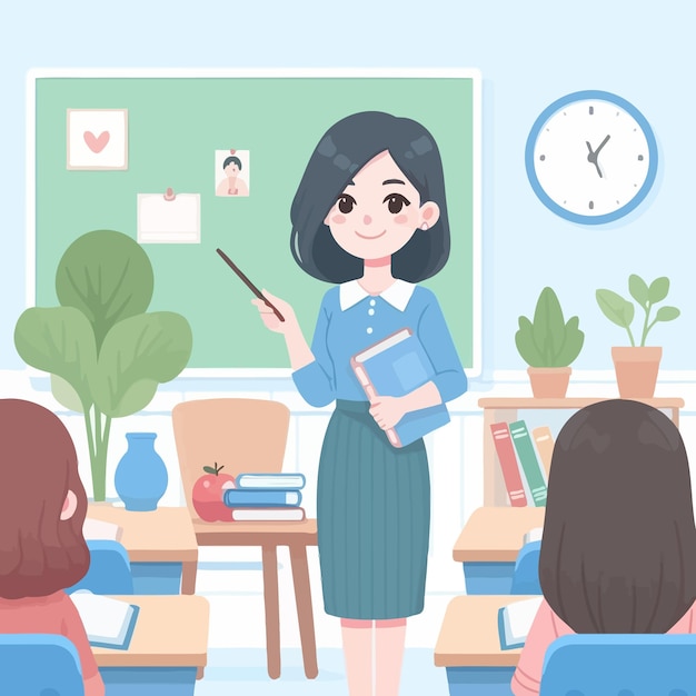 a cartoon of a teacher in a classroom with students in the background